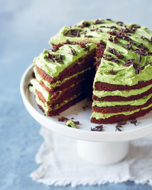 Easy chocolate layer cake with matcha icing