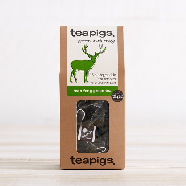 A zoomed in picture of a pack of 15 mao feng green tea temples