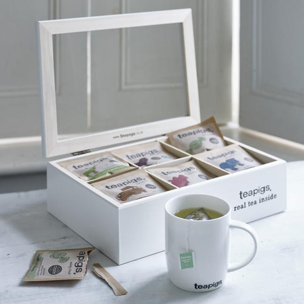 Teapigs branded chest filled with individually wrapped envelopes