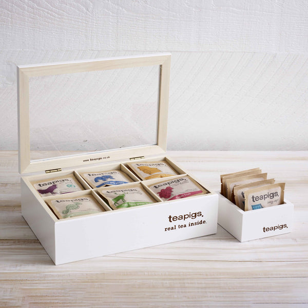 A chest containing individually wrapped teapigs tea envelopes