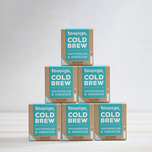 pyramid of cold brew watermelon and hibiscus teabag packs