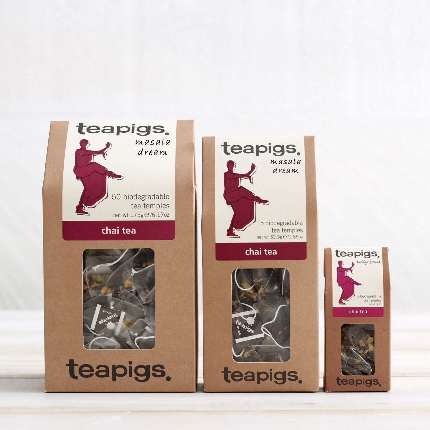 Trio of 50, 15 and 2 packs of Chai tea teabags