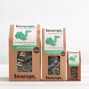 Trio of 50, 15, and 2 packs of green tea with mint teabags