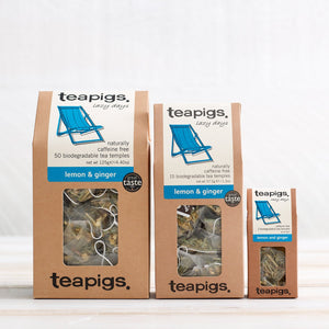 trio of 50, 15, and 2 packs of lemon and ginger teabags