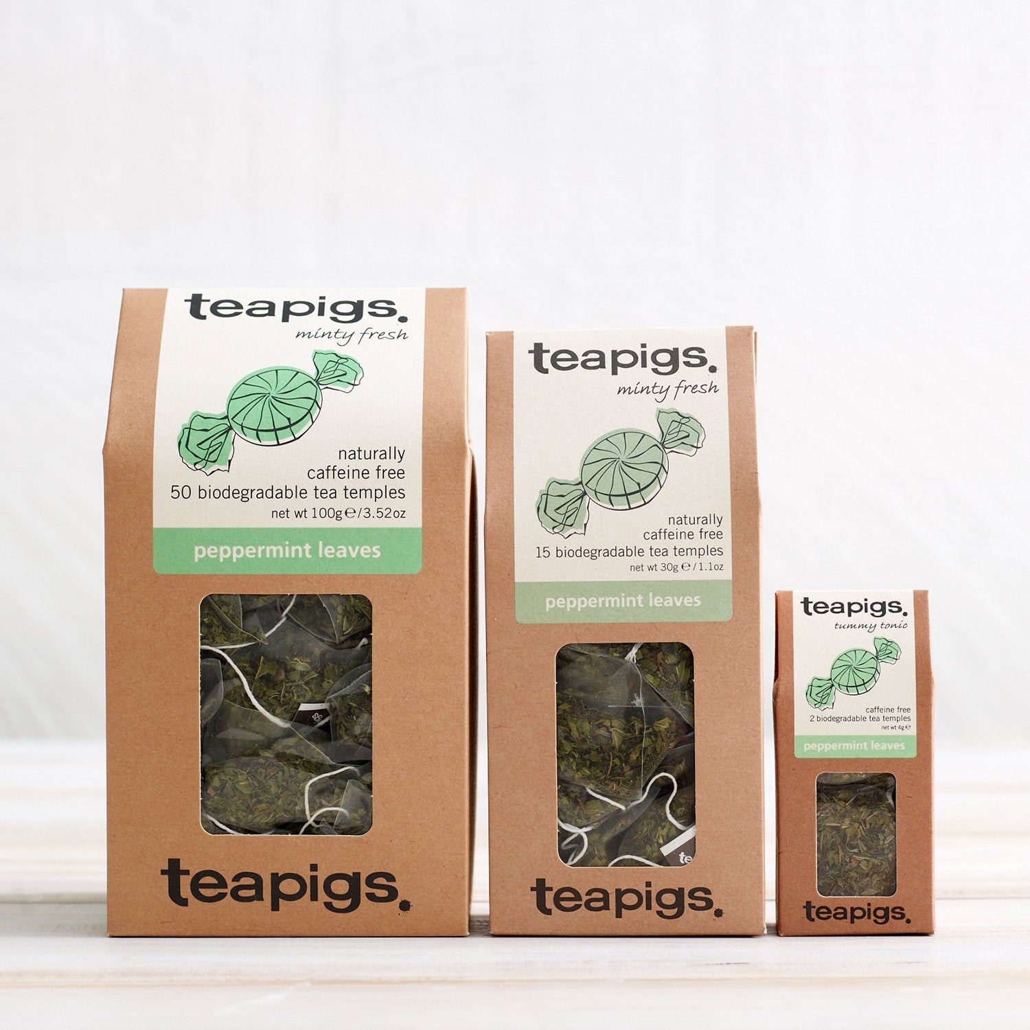 A trio of 50, 15, and 2 pack of peppermint leaves teabags