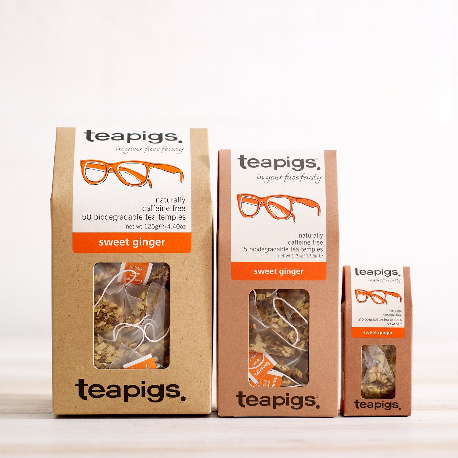 trio of 50, 15, and 2 sweet ginger tea teabags