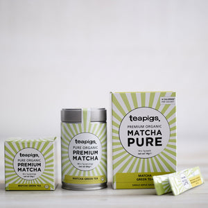 Collection of teapigs premium organic matcha in tins and sachets