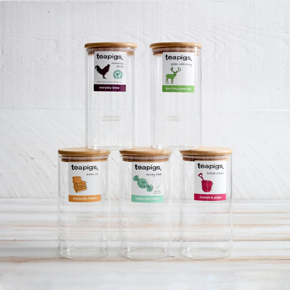 glass storage jar with label: chamomile Image 1